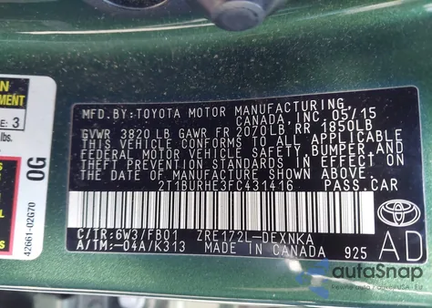 2015 Toyota Corolla Le from USA, damaged, VIN 2T1BURHE3FC431416